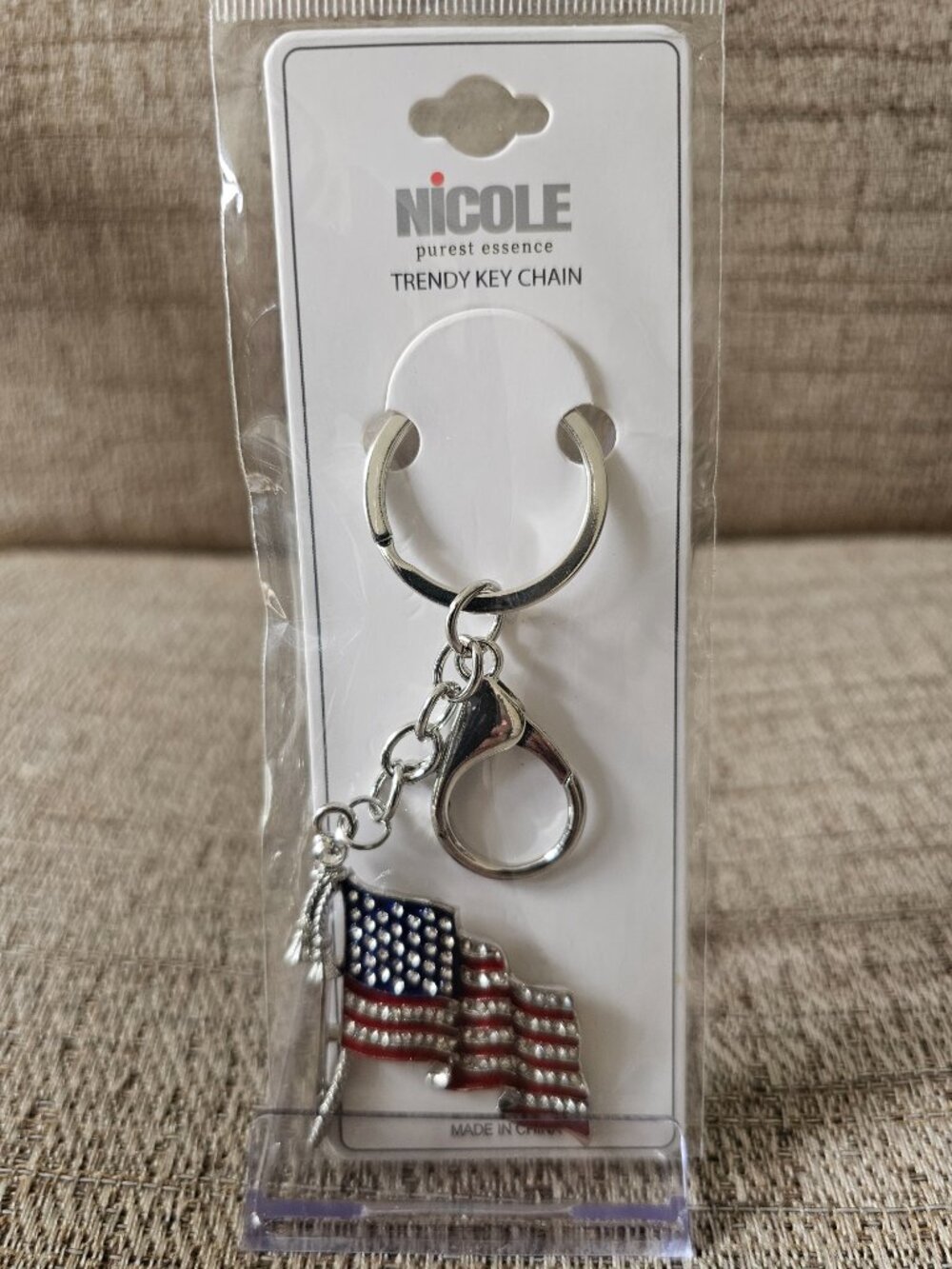 NWT Nicole - US American Flag Keychain Bag Charm in Silverstone & Rhinestones